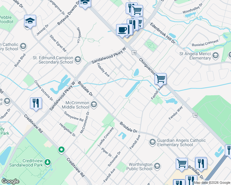 map of restaurants, bars, coffee shops, grocery stores, and more near 18 Mistybrook Crescent in Brampton