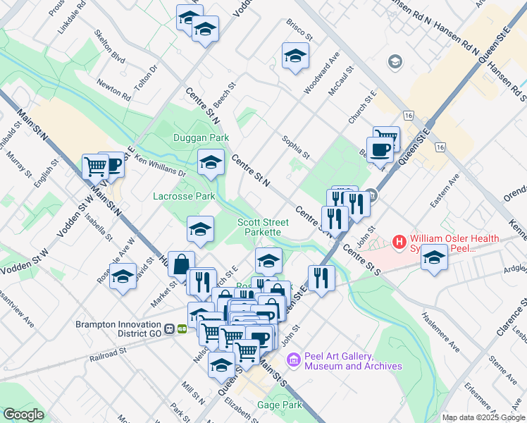 map of restaurants, bars, coffee shops, grocery stores, and more near 66 Scott Street in Brampton