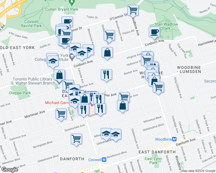 map of restaurants, bars, coffee shops, grocery stores, and more near 41 Binswood Avenue in Toronto