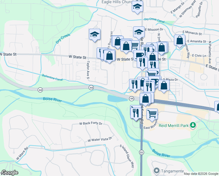map of restaurants, bars, coffee shops, grocery stores, and more near 433 West Bosanka Drive in Eagle