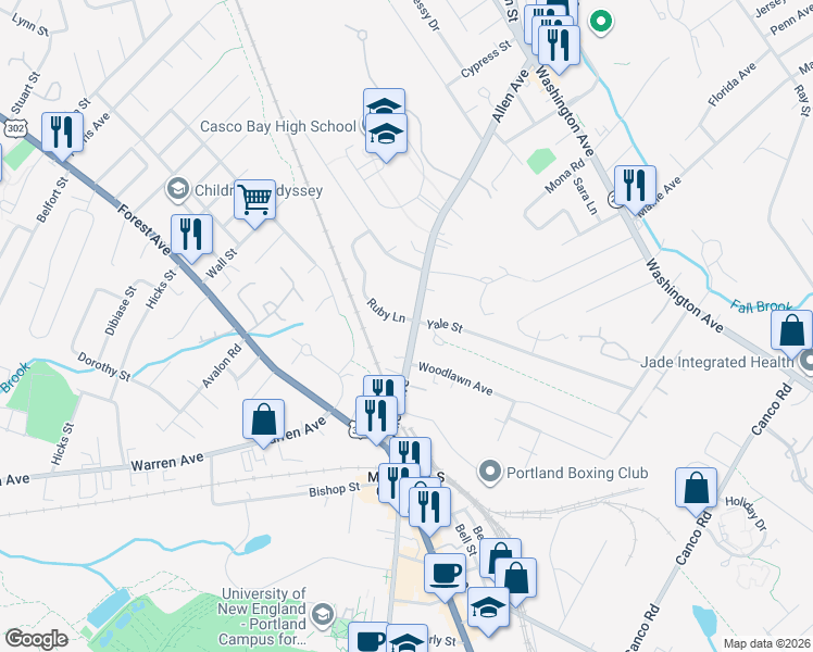map of restaurants, bars, coffee shops, grocery stores, and more near 94 Allen Avenue in Portland