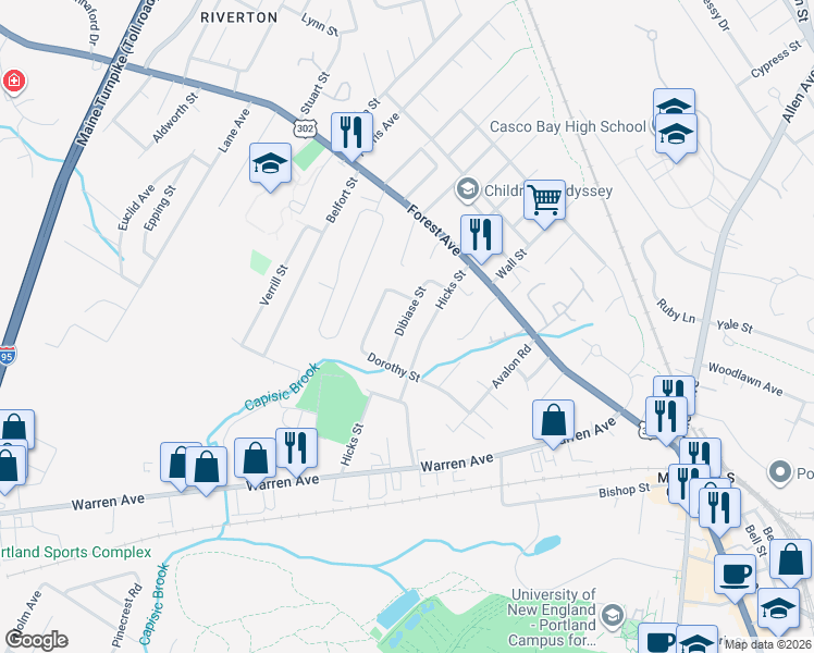map of restaurants, bars, coffee shops, grocery stores, and more near 32 Dibiase Street in Portland