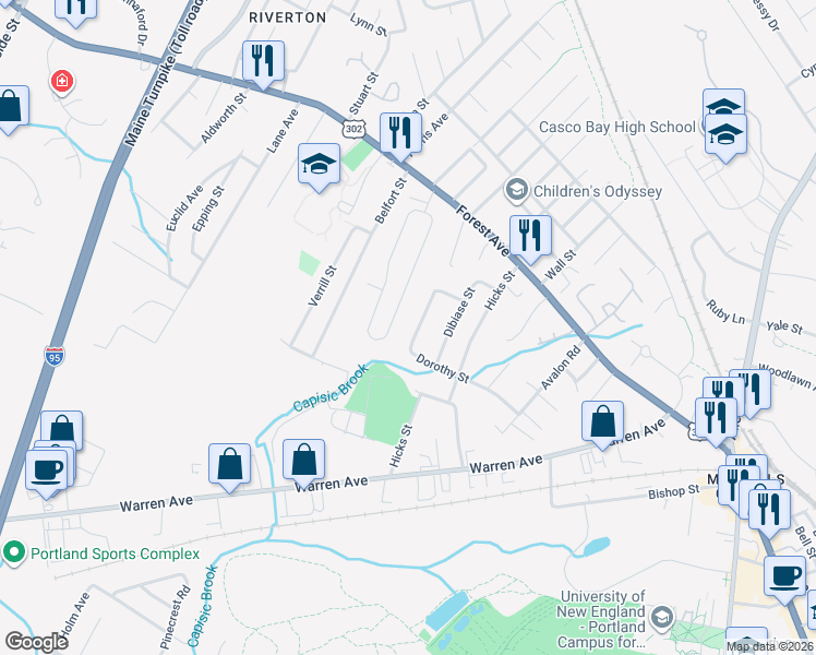 map of restaurants, bars, coffee shops, grocery stores, and more near 126 Dorothy Street in Portland