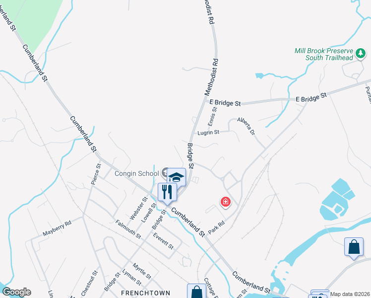 map of restaurants, bars, coffee shops, grocery stores, and more near 524 Bridge Street in Westbrook