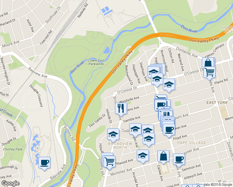 map of restaurants, bars, coffee shops, grocery stores, and more near in Toronto