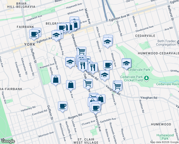 map of restaurants, bars, coffee shops, grocery stores, and more near in Toronto