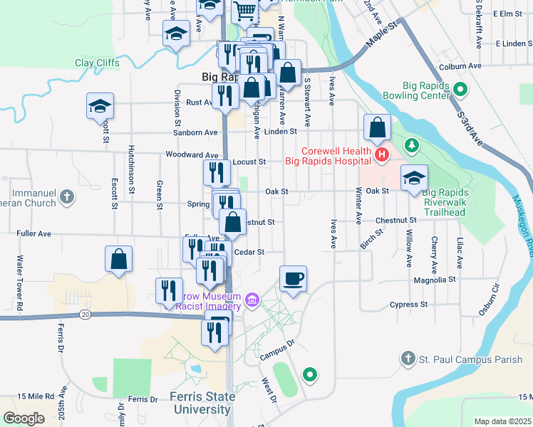 map of restaurants, bars, coffee shops, grocery stores, and more near 526 South Michigan Avenue in Big Rapids