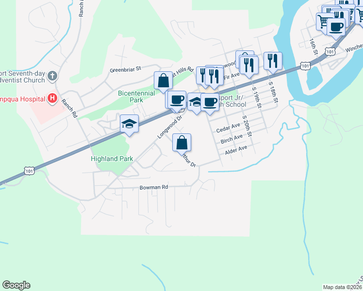 map of restaurants, bars, coffee shops, grocery stores, and more near 2397 Arthur Dr in Reedsport