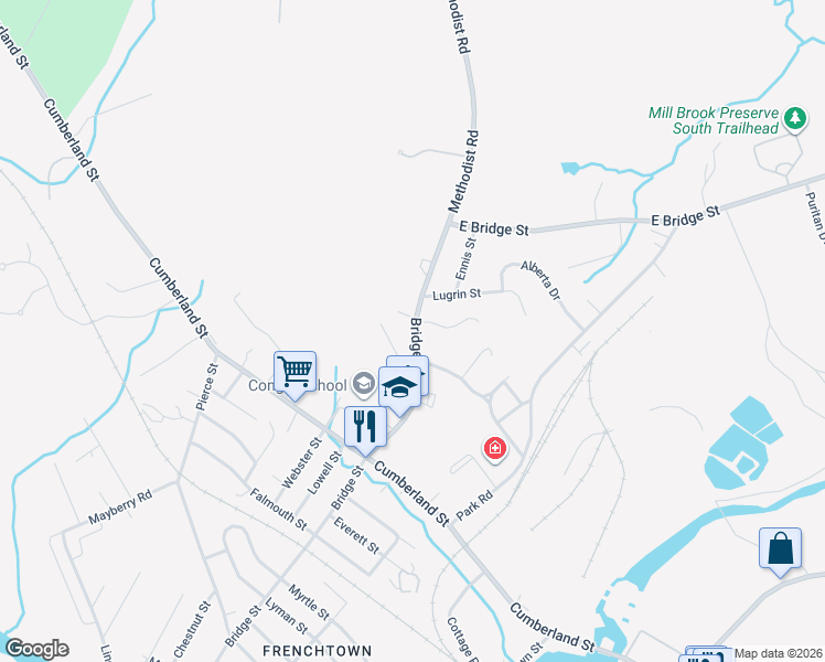 map of restaurants, bars, coffee shops, grocery stores, and more near 524 Bridge Street in Westbrook