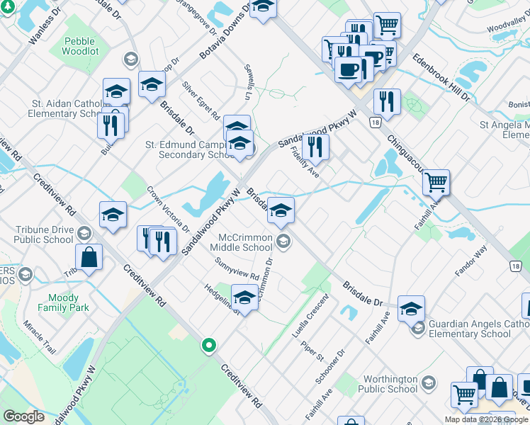 map of restaurants, bars, coffee shops, grocery stores, and more near 240 Brisdale Drive in Brampton