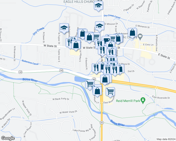map of restaurants, bars, coffee shops, grocery stores, and more near 350 South Kestrel Place in Eagle