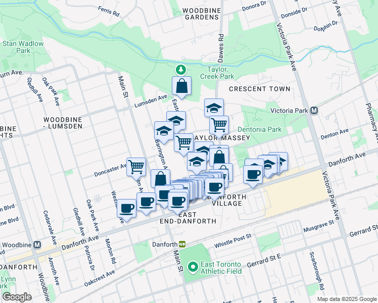 map of restaurants, bars, coffee shops, grocery stores, and more near 3 Rosevear Avenue in Toronto