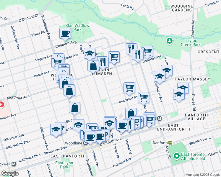 map of restaurants, bars, coffee shops, grocery stores, and more near 2 Orley Avenue in Toronto