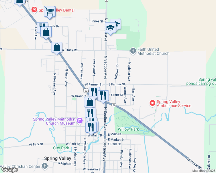 map of restaurants, bars, coffee shops, grocery stores, and more near 412 Center Avenue in Spring Valley