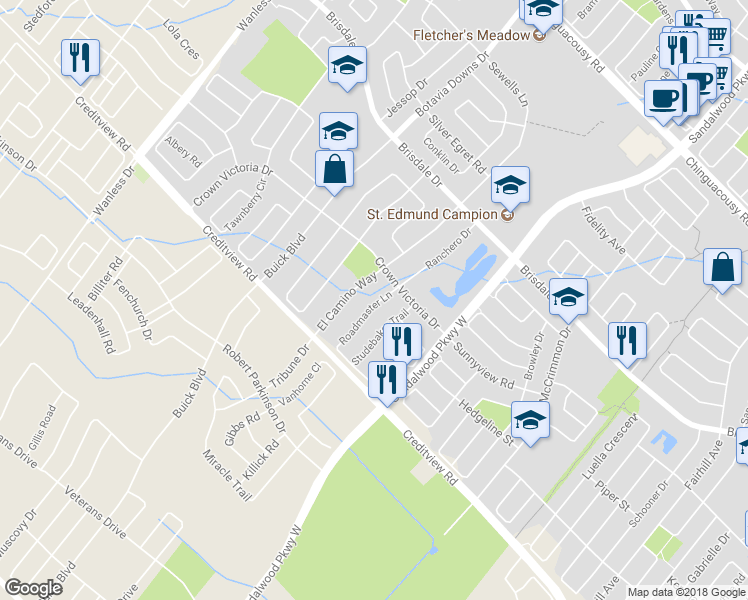 map of restaurants, bars, coffee shops, grocery stores, and more near 18 Roadmaster Lane in Brampton