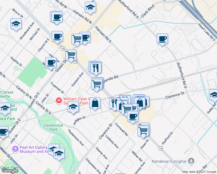 map of restaurants, bars, coffee shops, grocery stores, and more near 40-48 Kennedy Road South in Brampton