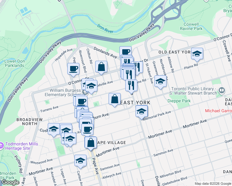 map of restaurants, bars, coffee shops, grocery stores, and more near 239 Torrens Avenue in Toronto
