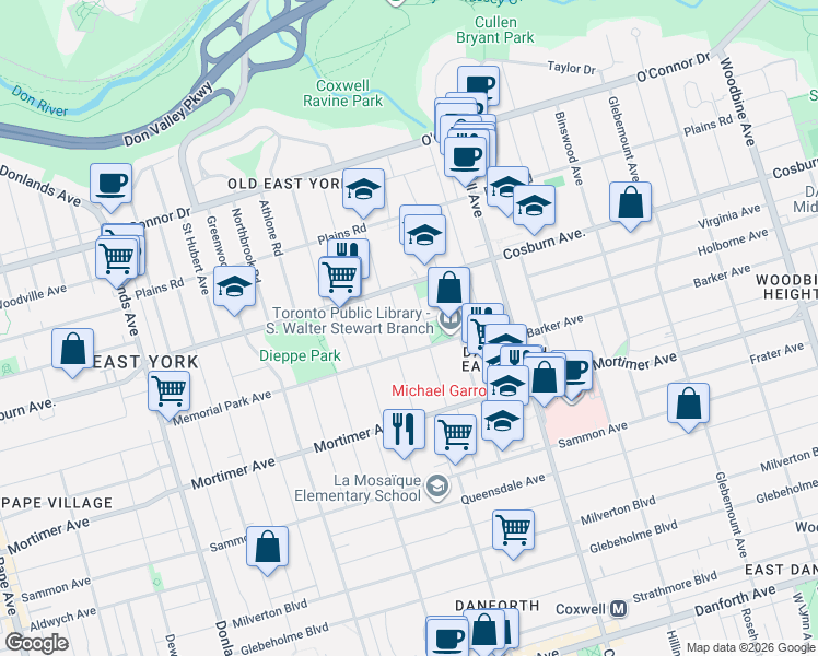 map of restaurants, bars, coffee shops, grocery stores, and more near 13 Mckayfield Road in Toronto