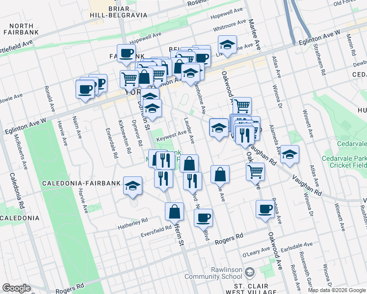 map of restaurants, bars, coffee shops, grocery stores, and more near 595 Northcliffe Boulevard in Toronto
