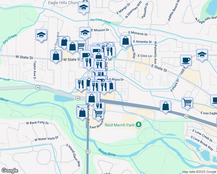 map of restaurants, bars, coffee shops, grocery stores, and more near 257 East Cedar Ridge Street in Eagle