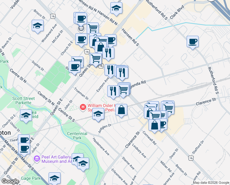 map of restaurants, bars, coffee shops, grocery stores, and more near in Brampton
