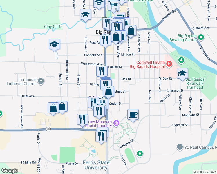 map of restaurants, bars, coffee shops, grocery stores, and more near 531 South State Street in Big Rapids