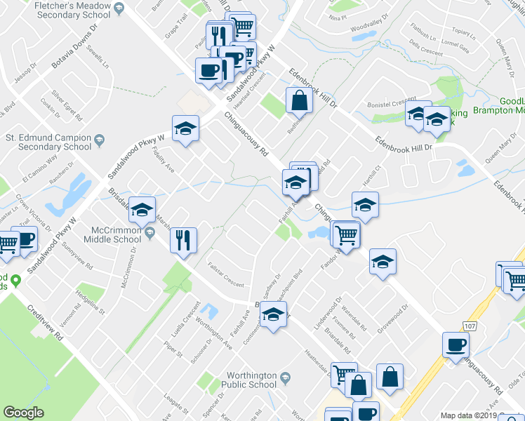 map of restaurants, bars, coffee shops, grocery stores, and more near 27 Lonestar Crescent in Brampton