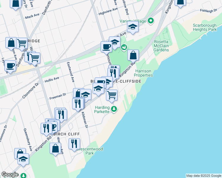 map of restaurants, bars, coffee shops, grocery stores, and more near 1711 Kingston Road in Toronto
