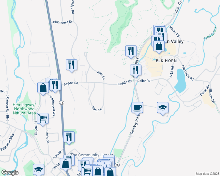 map of restaurants, bars, coffee shops, grocery stores, and more near 107 Saddle Road in Sun Valley