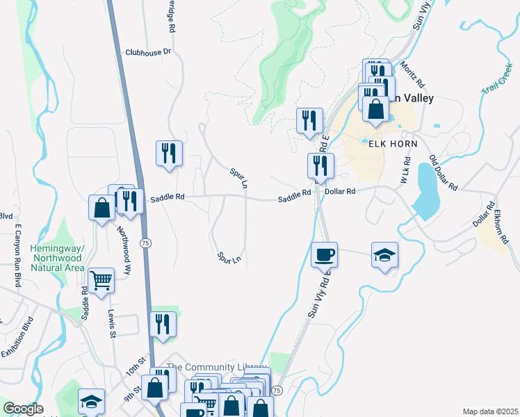 map of restaurants, bars, coffee shops, grocery stores, and more near 107 Saddle Road in Sun Valley