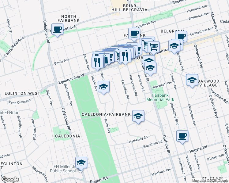 map of restaurants, bars, coffee shops, grocery stores, and more near in Toronto