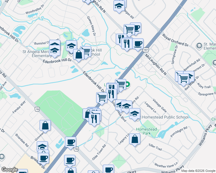 map of restaurants, bars, coffee shops, grocery stores, and more near 100 Monaco Court in Brampton