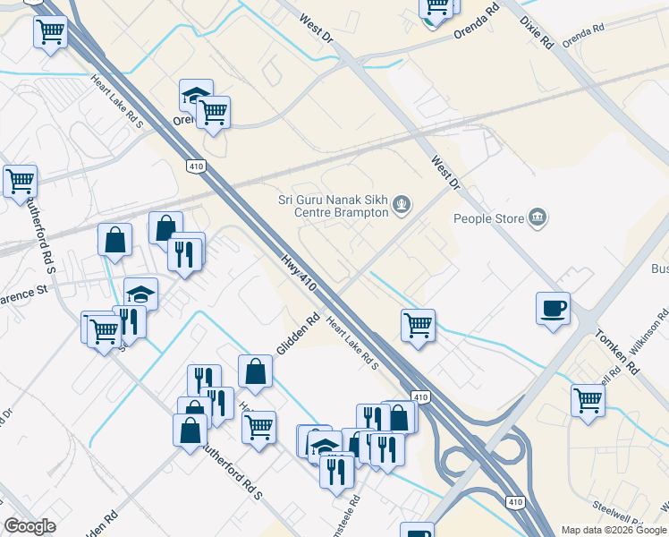 map of restaurants, bars, coffee shops, grocery stores, and more near 101 Glidden Road in Brampton