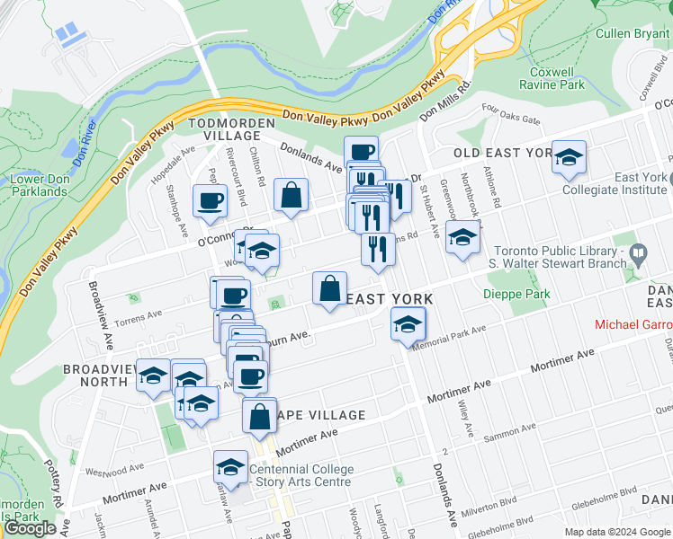map of restaurants, bars, coffee shops, grocery stores, and more near 241 Torrens Avenue in Toronto