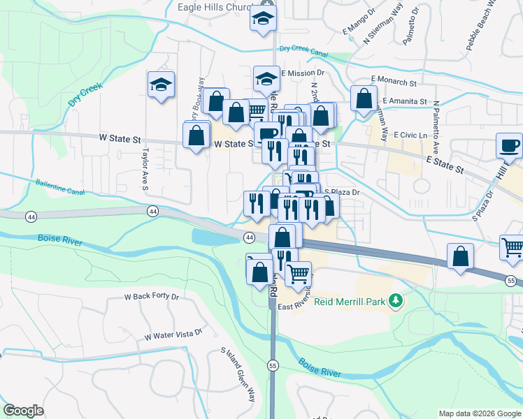 map of restaurants, bars, coffee shops, grocery stores, and more near 403 South Eagle Road in Eagle