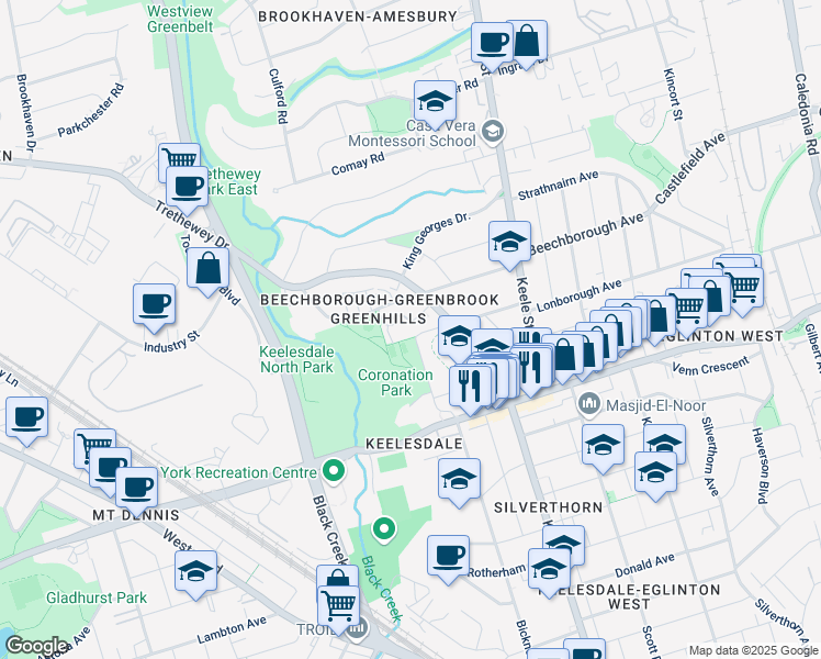 map of restaurants, bars, coffee shops, grocery stores, and more near 5 Greentree Court in Toronto