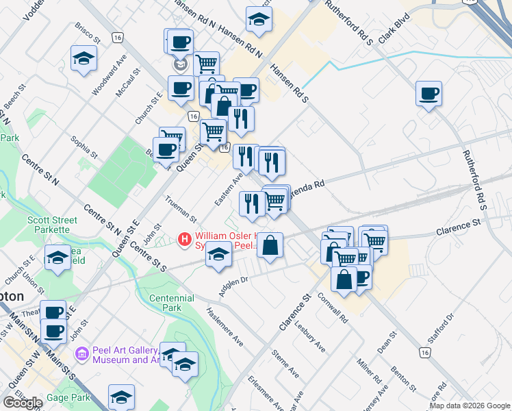 map of restaurants, bars, coffee shops, grocery stores, and more near 25 McCallum Court in Brampton