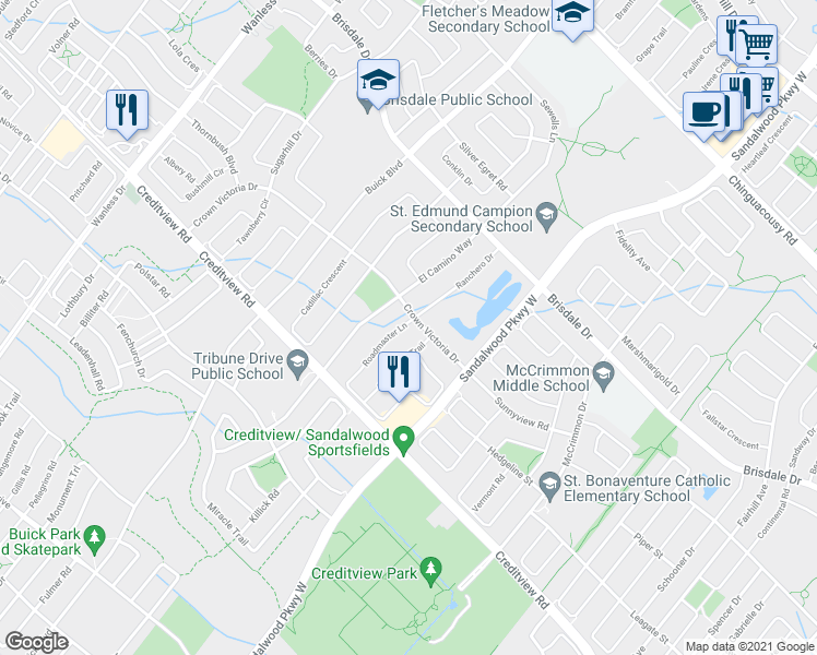 map of restaurants, bars, coffee shops, grocery stores, and more near 7 Roadmaster Lane in Brampton