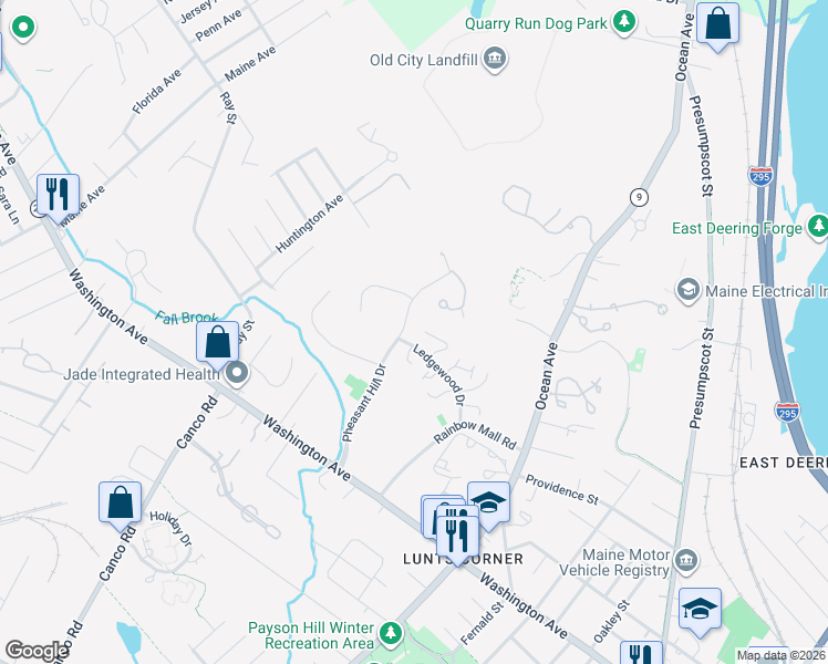map of restaurants, bars, coffee shops, grocery stores, and more near 9 Fieldstone Court in Portland
