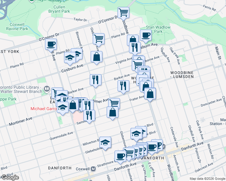 map of restaurants, bars, coffee shops, grocery stores, and more near 41 Dunkirk Road in Toronto