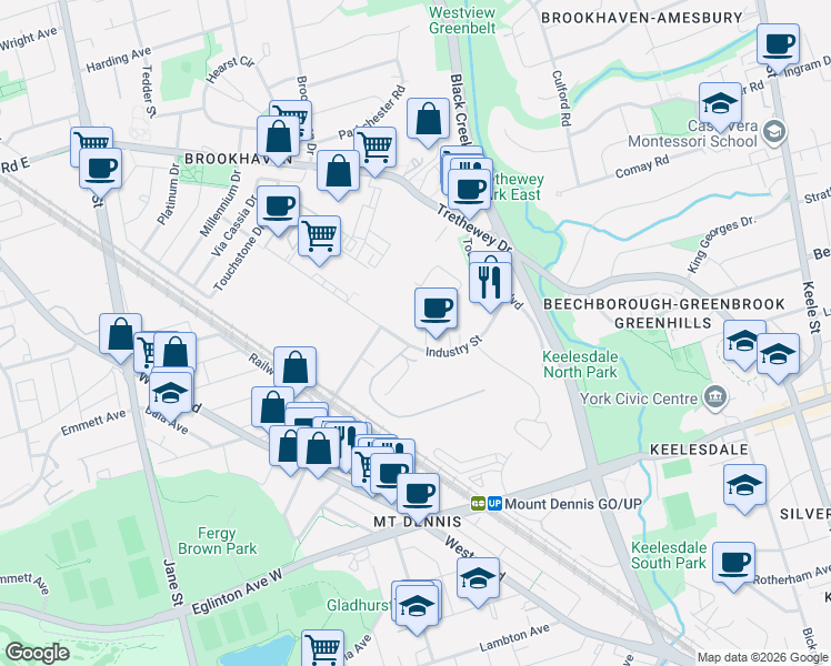 map of restaurants, bars, coffee shops, grocery stores, and more near 88 Industry Street in Toronto