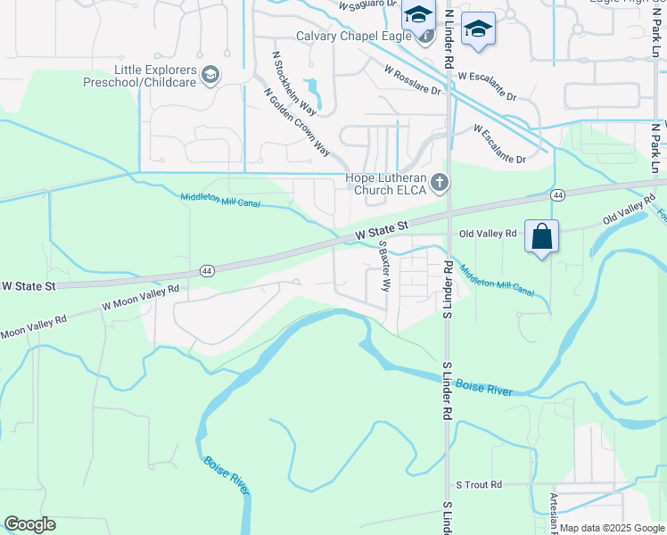 map of restaurants, bars, coffee shops, grocery stores, and more near 5335 West State Street in Eagle