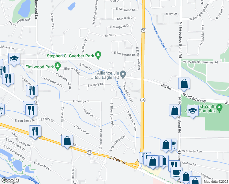 map of restaurants, bars, coffee shops, grocery stores, and more near 2473 East Clackamas Court in Eagle