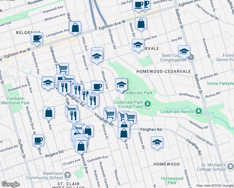 map of restaurants, bars, coffee shops, grocery stores, and more near 488 Arlington Avenue in Toronto