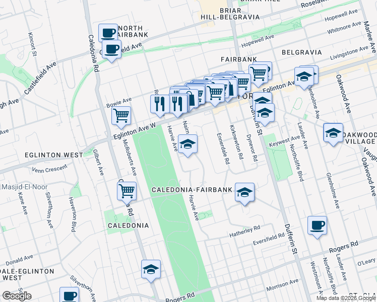 map of restaurants, bars, coffee shops, grocery stores, and more near 6 Carrington Avenue in Toronto