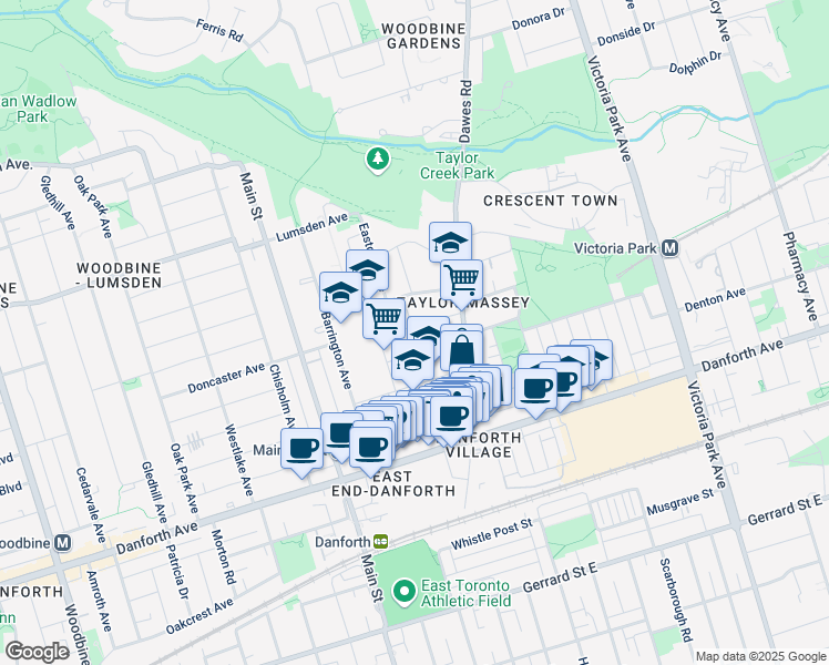 map of restaurants, bars, coffee shops, grocery stores, and more near in Toronto