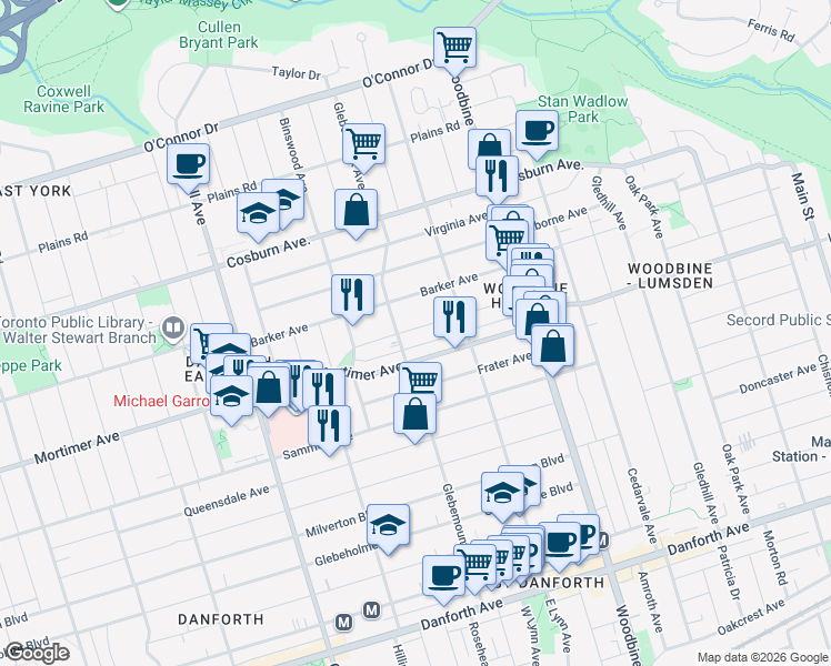map of restaurants, bars, coffee shops, grocery stores, and more near in Toronto
