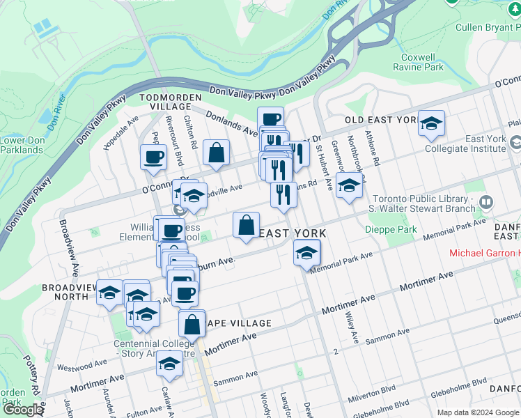 map of restaurants, bars, coffee shops, grocery stores, and more near 241 Torrens Avenue in Toronto