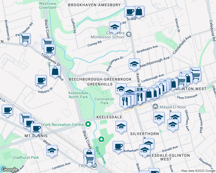 map of restaurants, bars, coffee shops, grocery stores, and more near in Toronto