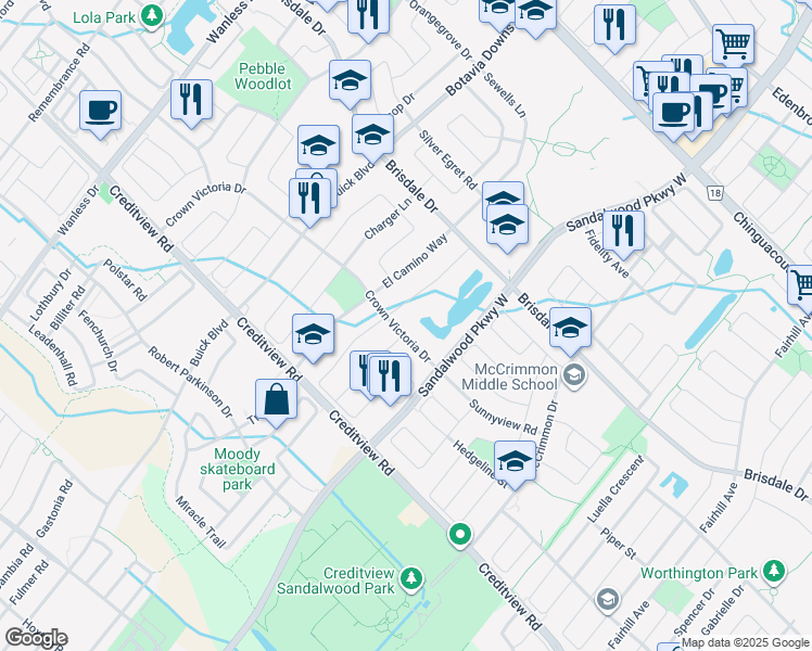 map of restaurants, bars, coffee shops, grocery stores, and more near 2 Studebaker Trail in Brampton